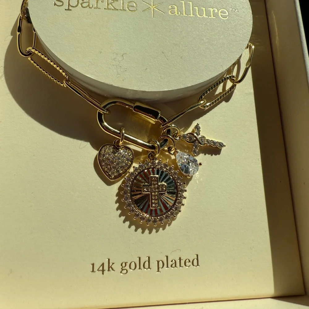 NWT Sparkle Allure CZ 14K Gold Over Brass Cross Heart Charm Bracelet